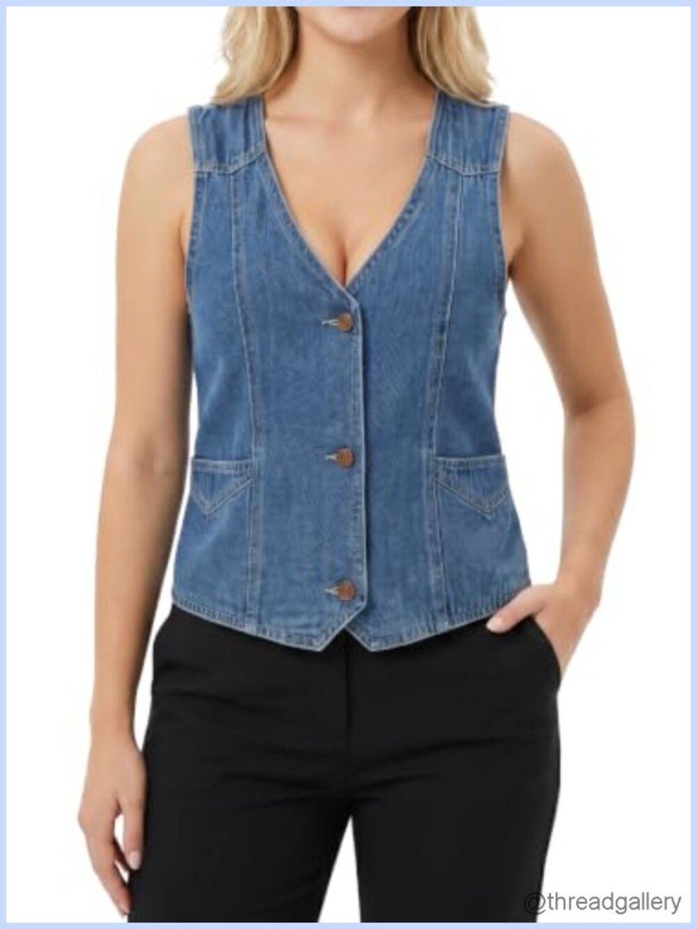 Denim Vest - V-Neck Sleeveless - Button Down - 2 Side Pockets - Soft